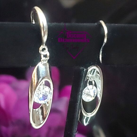 Round White Crystal Long Dangle Fishhook Earrings on 925 Silver - Picture 3 of 11